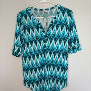 PIXLEY STITCH FIX NEW Top Women XS Teal V-Neck Roll-Tab Sleeve Edmond Henley